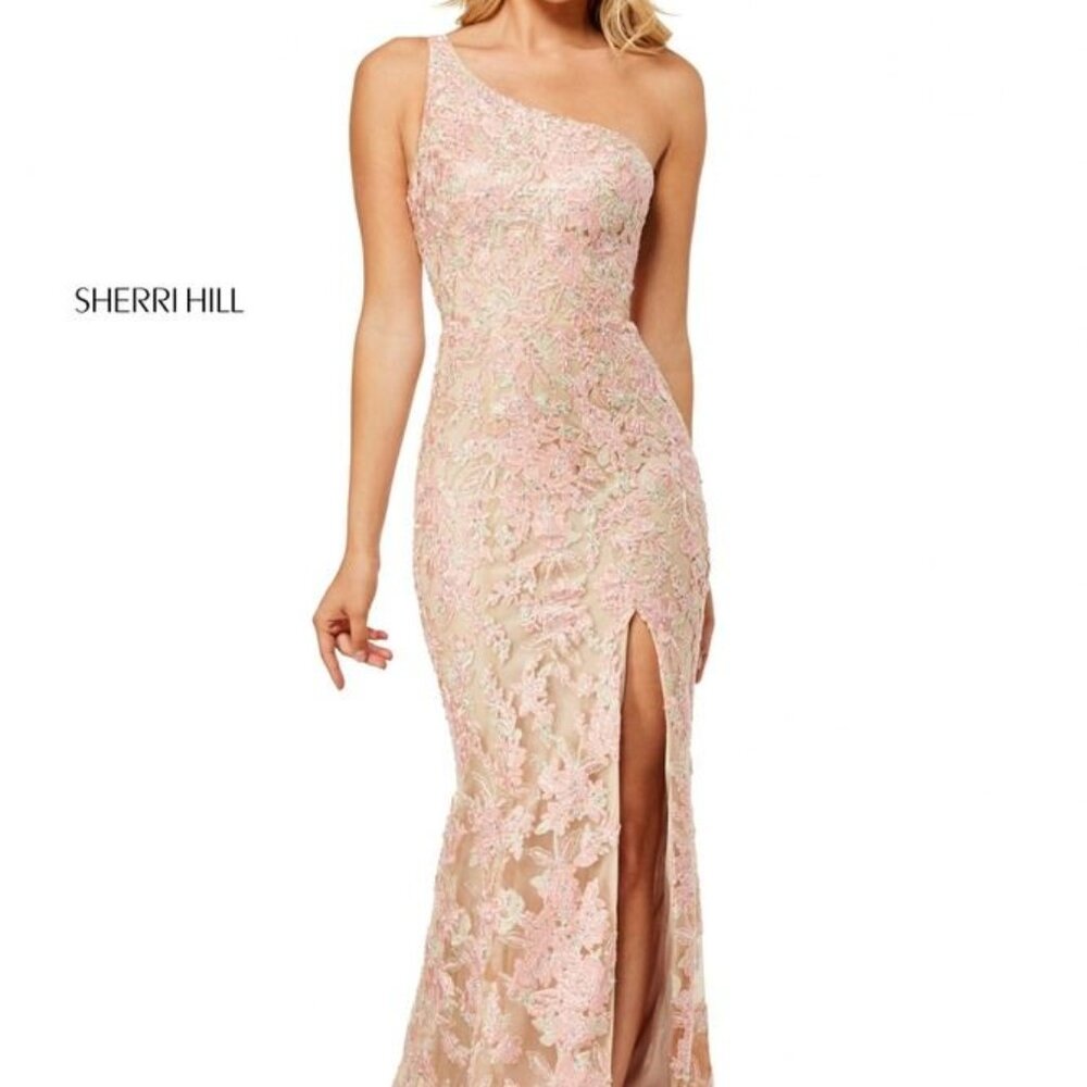 SHERRI HILL- 52654 Embroidered one-shoulder dress with jewel accents & skirt